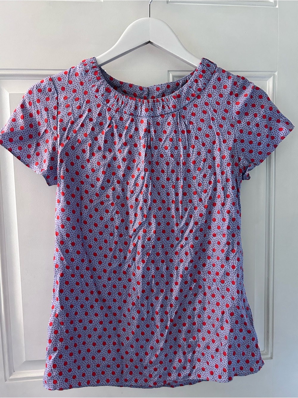 Boden Lavender Short Sleeve Top with Red Polka Dots